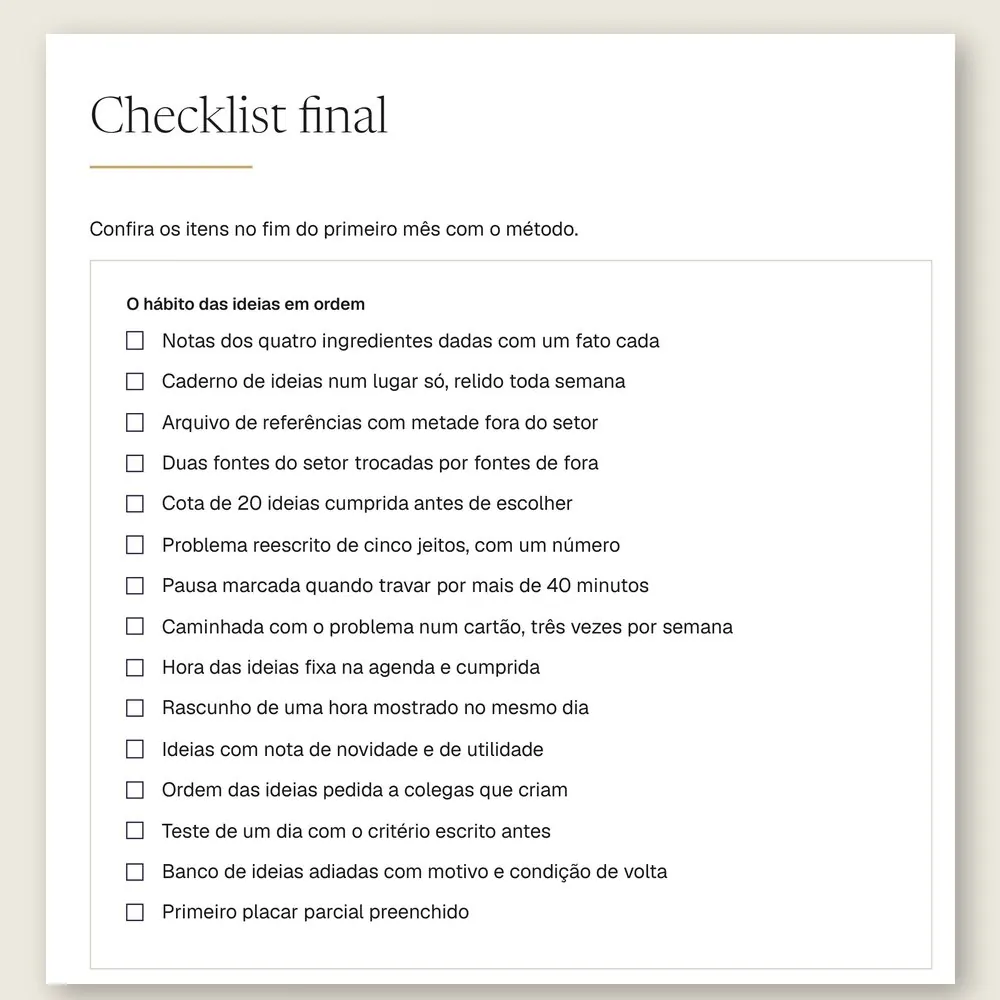 Página do checklist final do manual, com 15 itens para conferir no fim do primeiro mês com o método.
