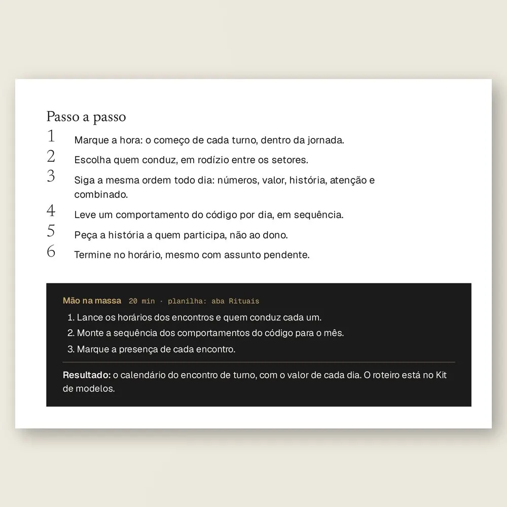 Página da Ferramenta 09, Encontro de turno de 10 minutos, com o passo a passo do ritual diário e a caixa Mão na massa.