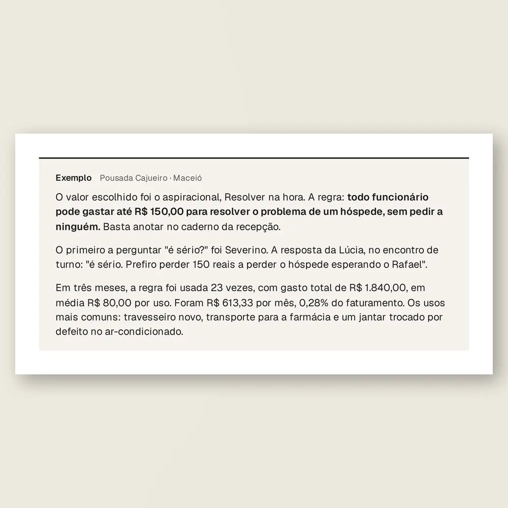 Caixa de exemplo da Pousada Cajueiro, de Maceió: a regra que deixa qualquer funcionário gastar até 150 reais para resolver o problema de um hóspede, com os usos de três meses.