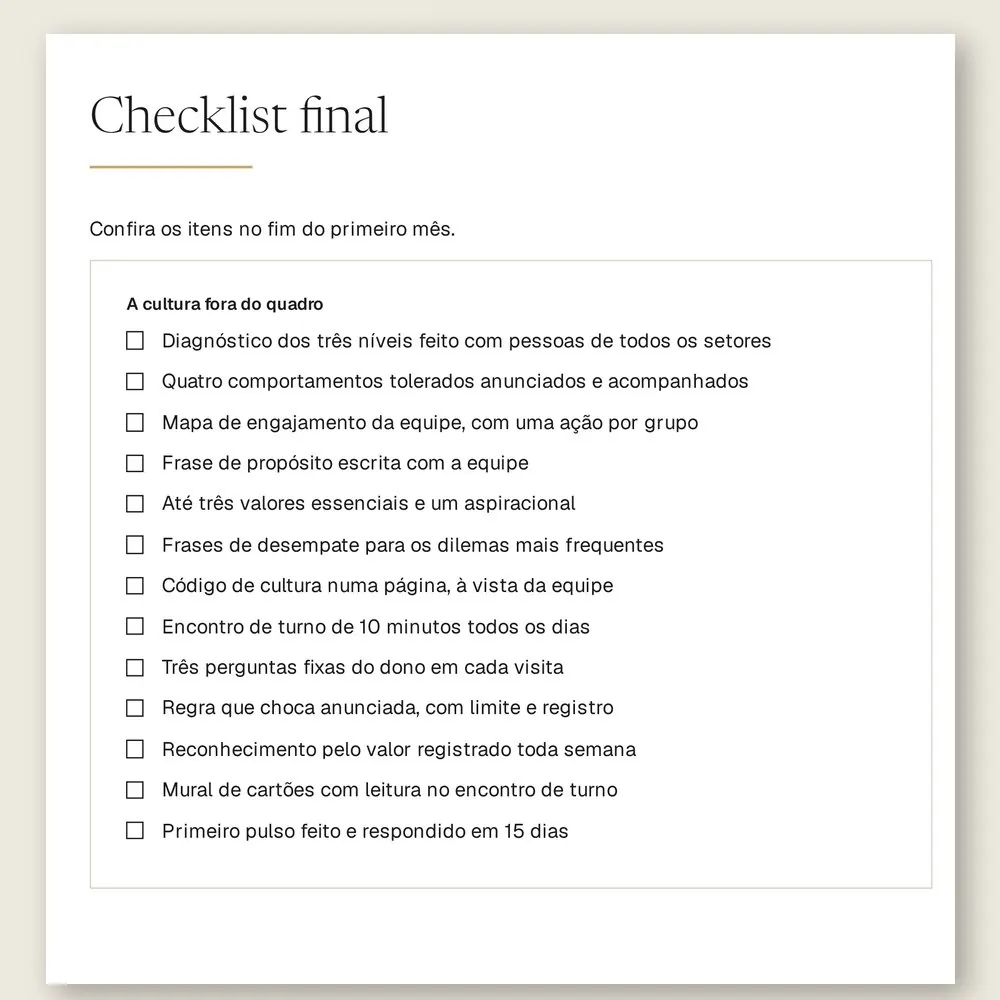 Página do checklist final do manual, com 13 itens para conferir no fim do primeiro mês.