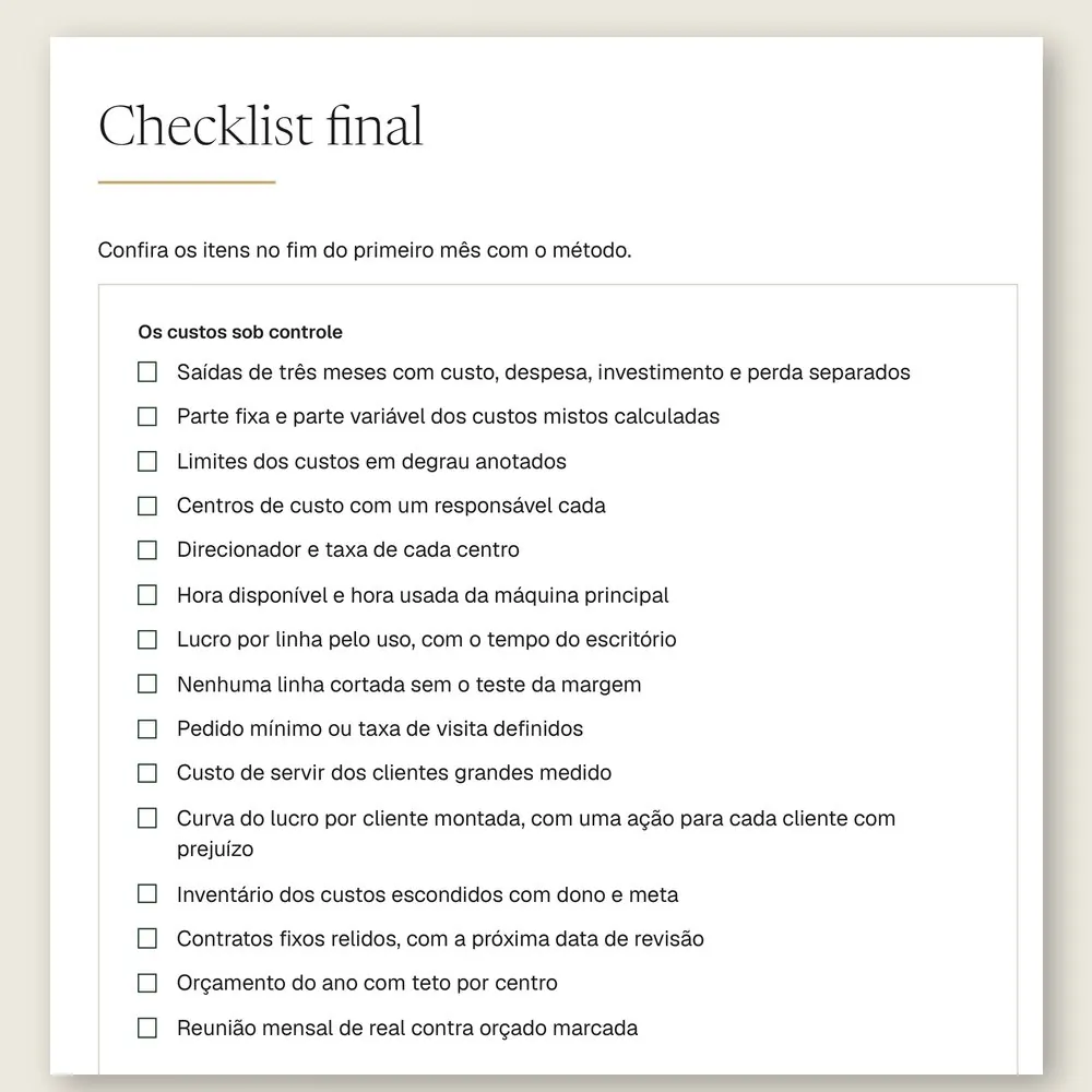 Página do checklist final do manual, com 15 itens para conferir no fim do primeiro mês com o método.