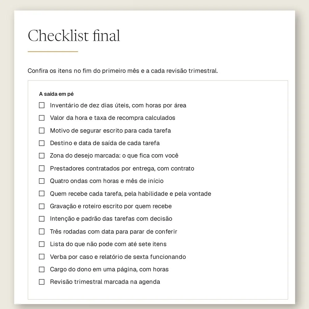 Página do checklist final do manual, com 15 itens para conferir no fim do primeiro mês e a cada revisão trimestral.