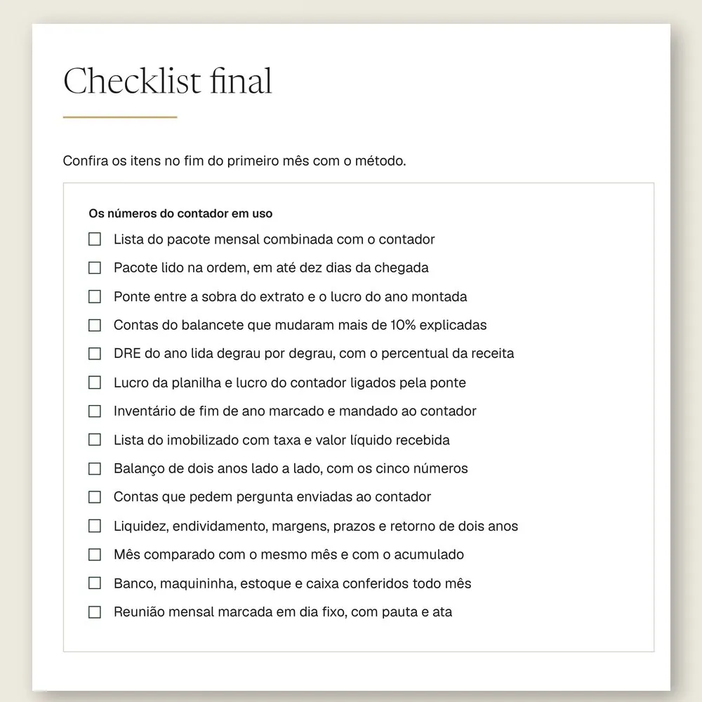 Página do checklist final do manual, com 14 itens para conferir no fim do primeiro mês com o método.