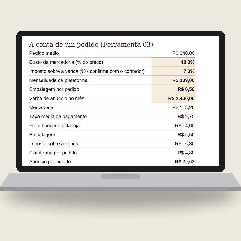 Notebook com a planilha da loja virtual aberta na conta de um pedido: o que sobra de cada venda depois de frete, taxa, imposto e anúncio.
