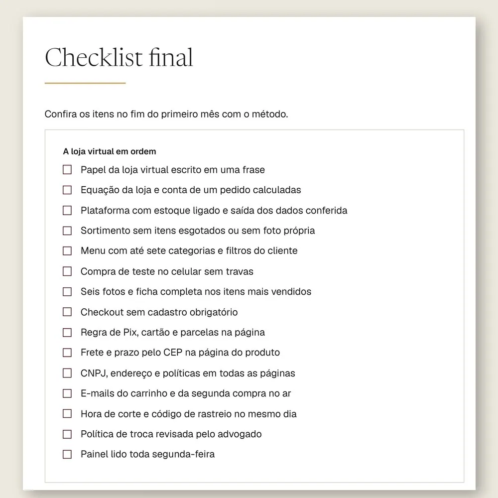 Página do checklist final do manual, com 15 itens para conferir no fim do primeiro mês com o método.