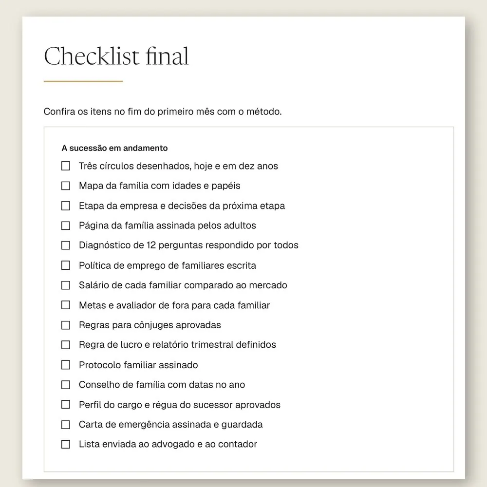 Página do checklist final do manual, com 15 itens para conferir no fim do primeiro mês com o método.