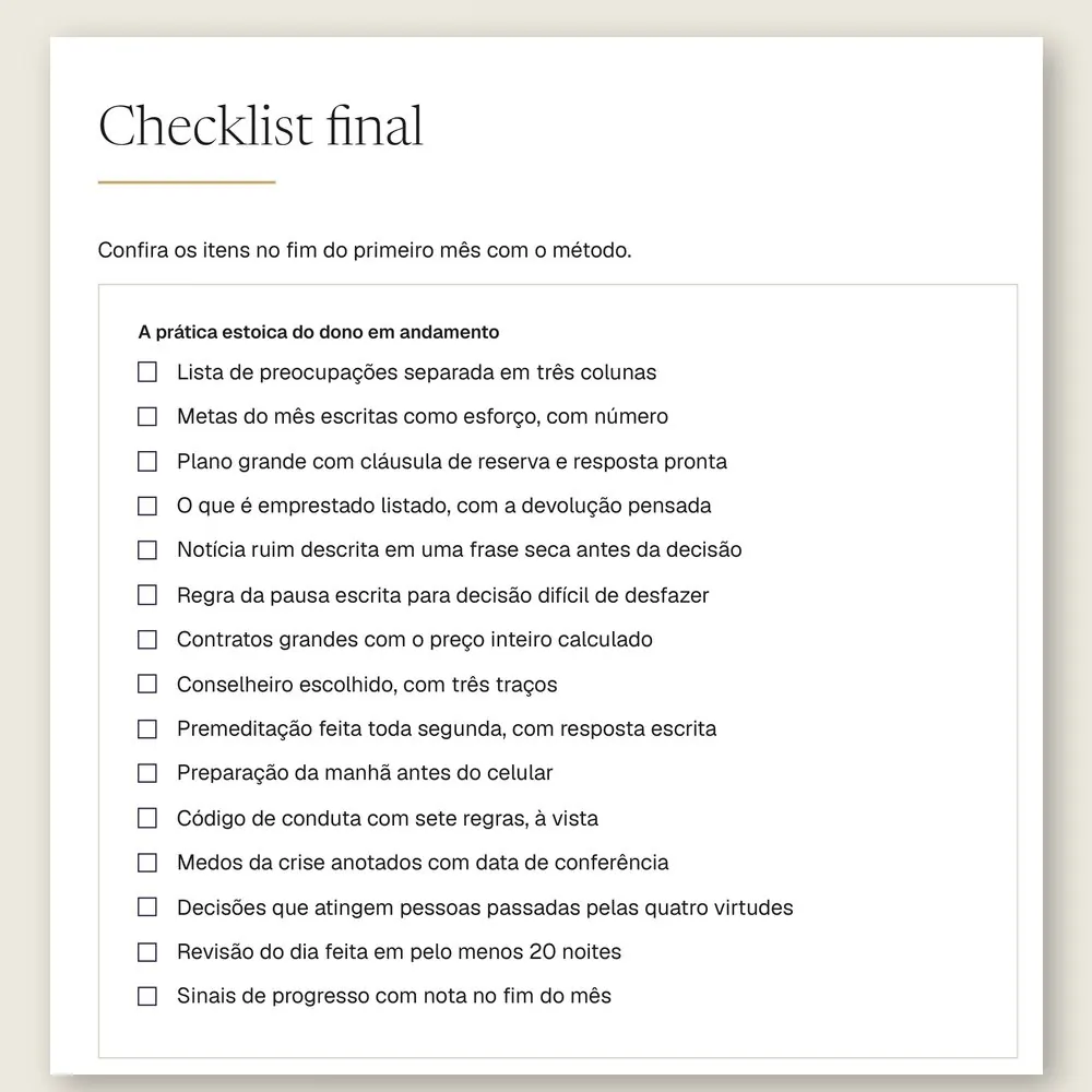 Página do checklist final do manual, com 15 itens para conferir no fim do primeiro mês com o método.