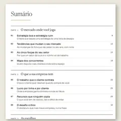 Manual aberto na página do sumário, com a Parte 1, O mercado onde você joga, a Parte 2, O que a sua empresa tem, e a Parte 3, As escolhas, e as ferramentas numeradas de 01 a 13.