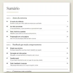 Manual aberto na página do sumário, com a Parte 1, Antes da conversa, a Parte 2, Feedback que muda comportamento, e a Parte 3, Conversas com a equipe, e as ferramentas numeradas de 01 a 13.