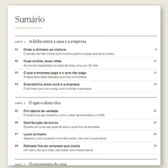 Manual aberto na página do sumário, com a Parte 1, A linha entre a casa e a empresa, a Parte 2, O que o dono tira, e a Parte 3, O orçamento da casa, e as ferramentas numeradas de 01 a 13.