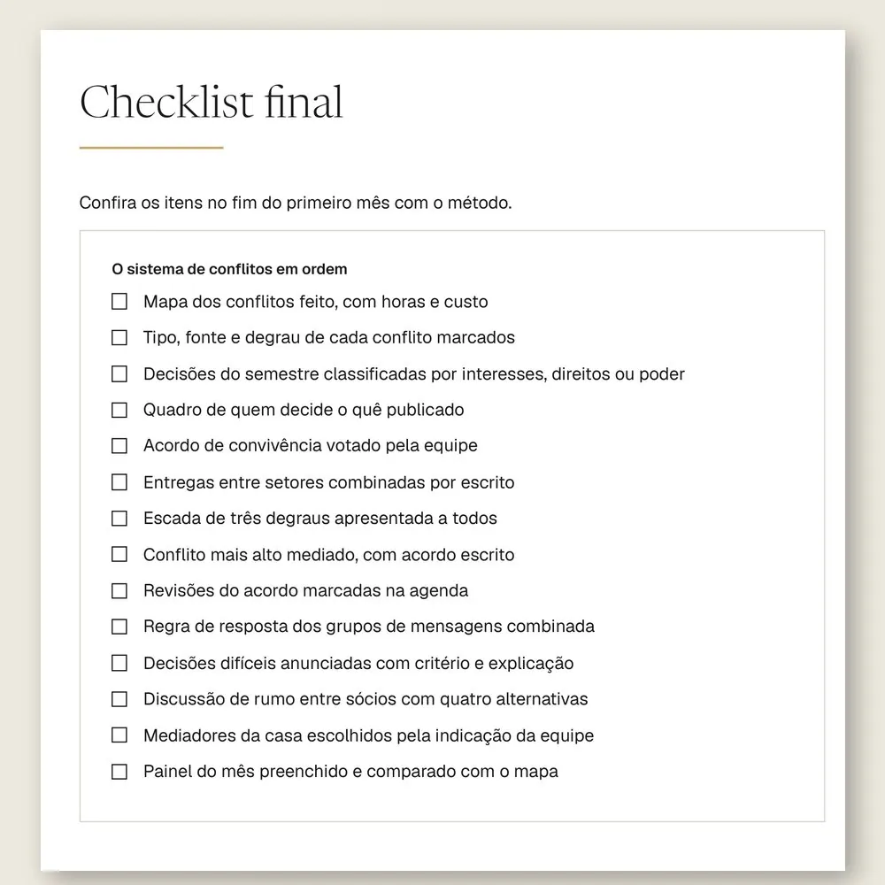 Página do checklist final do manual, com 14 itens para conferir no fim do primeiro mês com o método.