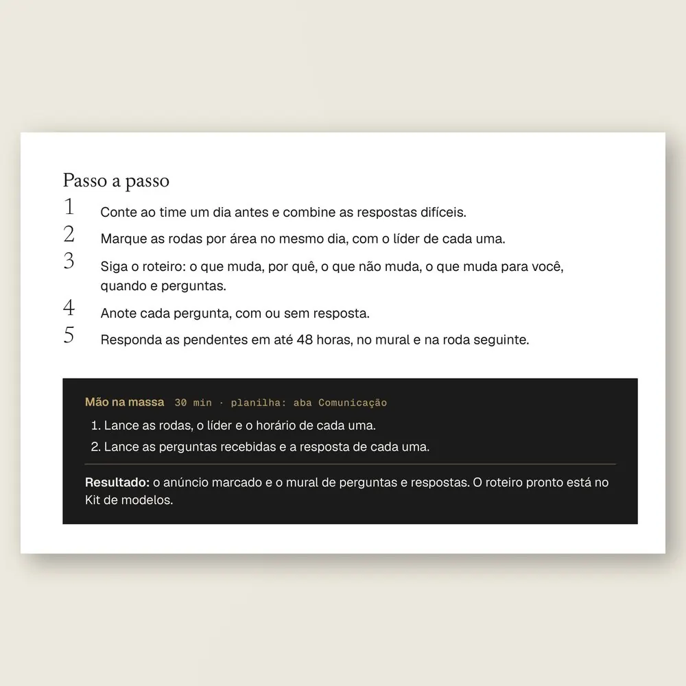 Passo a passo do anúncio da mudança em rodas de 15 minutos por área e a caixa Mão na massa.