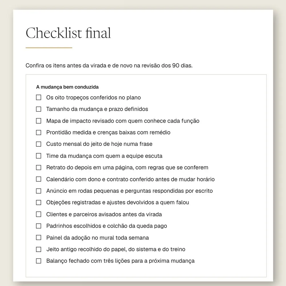 Página do checklist final do manual, com 15 itens para conferir antes da virada e na revisão dos 90 dias.