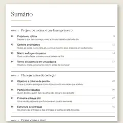 Manual aberto na página do sumário, com a Parte 1, Projeto ou rotina, a Parte 2, Planejar antes de começar, e a Parte 3, Prazo, custo e risco, e as ferramentas numeradas de 01 a 13.