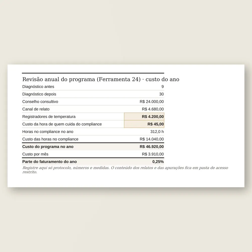 Close da planilha com a revisão anual: o diagnóstico antes e depois, os custos do conselho, do canal e das horas, e o custo do programa no ano.