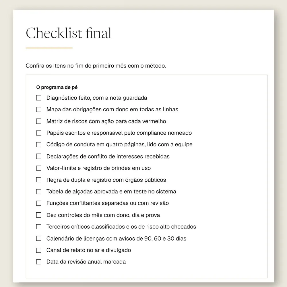 Página do checklist final do manual, com 15 itens para conferir no fim do primeiro mês com o método.