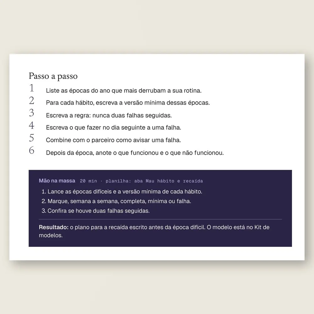 Passo a passo do plano para a recaída, com a regra de nunca duas falhas seguidas e a caixa Mão na massa.