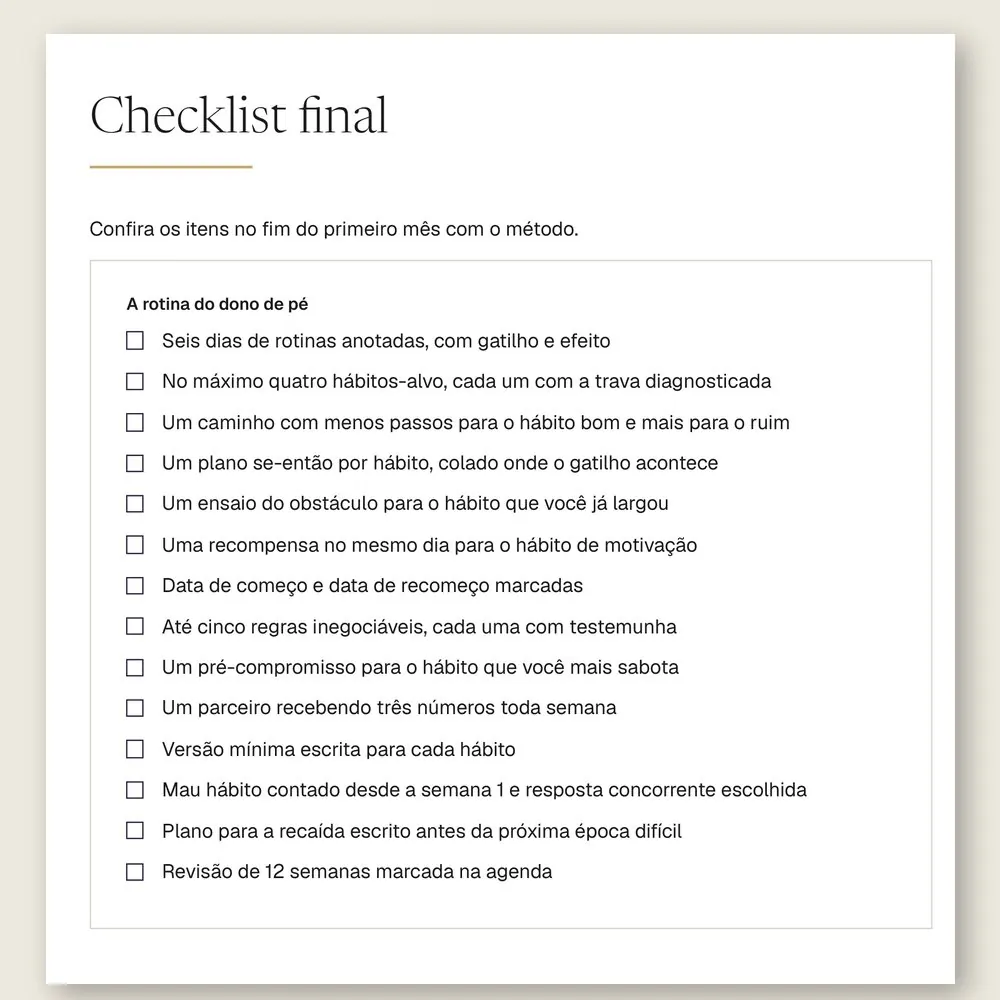 Página do checklist final do manual, com 14 itens para conferir no fim do primeiro mês com o método.