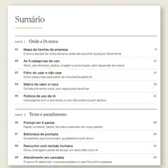 Manual aberto na página do sumário, com a Parte 1, Onde a IA entra, e a Parte 2, Texto e atendimento, e as ferramentas numeradas de 01 a 11.