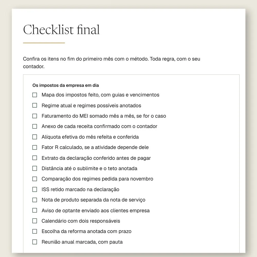 Página do checklist final do manual, com 15 itens para conferir no fim do primeiro mês, do mapa dos impostos à reunião anual com o contador.