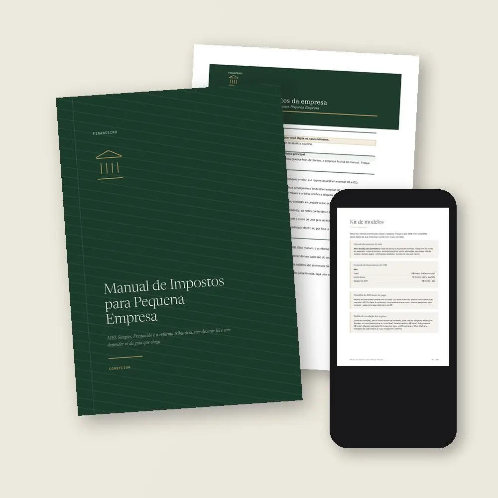 O que vem no Manual de Impostos para Pequena Empresa: o PDF de 100 páginas, a planilha de impostos da empresa, em Excel e Google Sheets, e o acesso pelo celular, com os 12 modelos prontos do Kit.