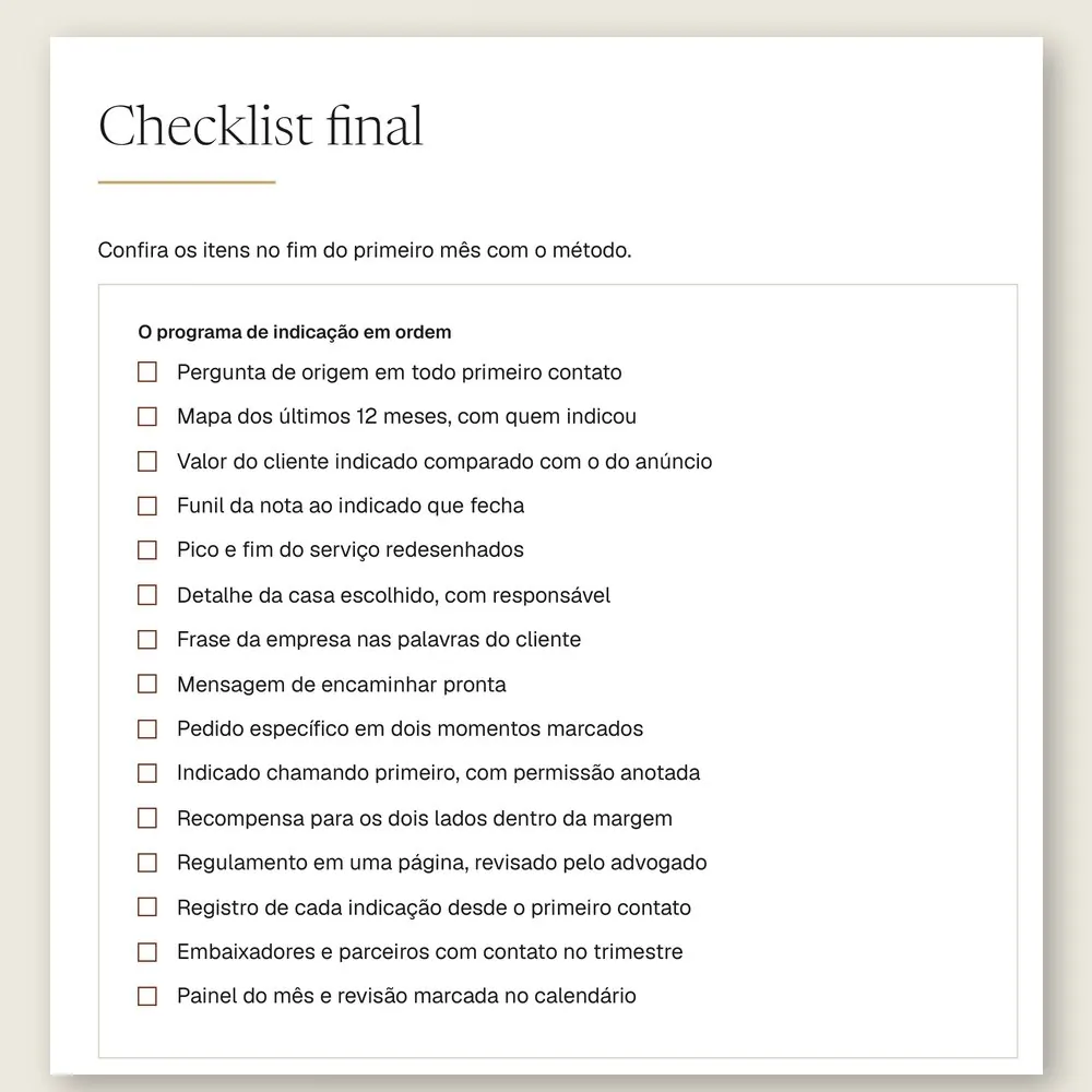 Página do checklist final do manual, com 15 itens para conferir no fim do primeiro mês com o método.