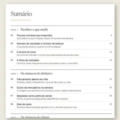 Manual aberto na página do sumário, com a Parte 1, Escolher o que medir, a Parte 2, Os números do dinheiro, e a Parte 3, Os números do cliente, e as ferramentas numeradas de 01 a 13.