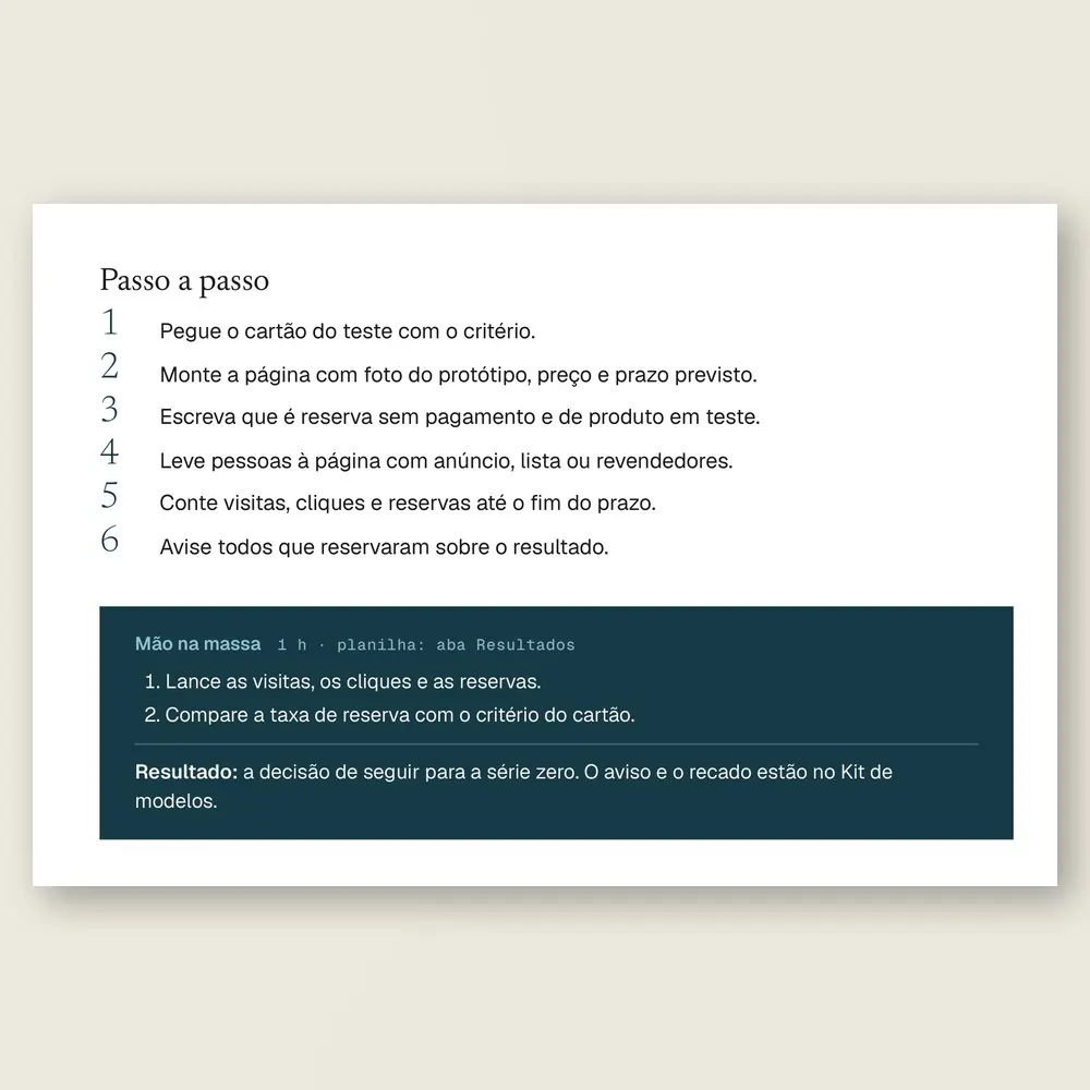 Página da Ferramenta 14, Teste de procura, com os seis passos para oferecer a novidade antes de ela existir, com aviso claro ao cliente.