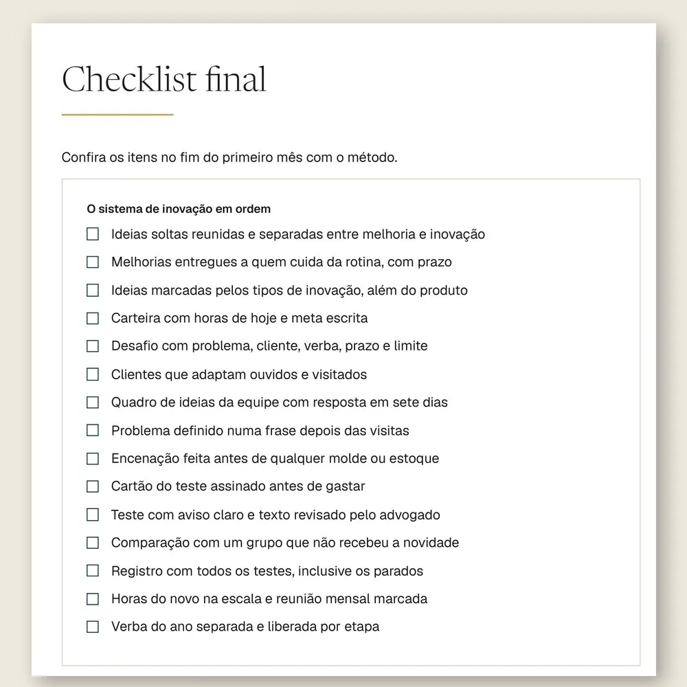 Página do checklist final do manual, com 15 itens para conferir no fim do primeiro mês com o método.