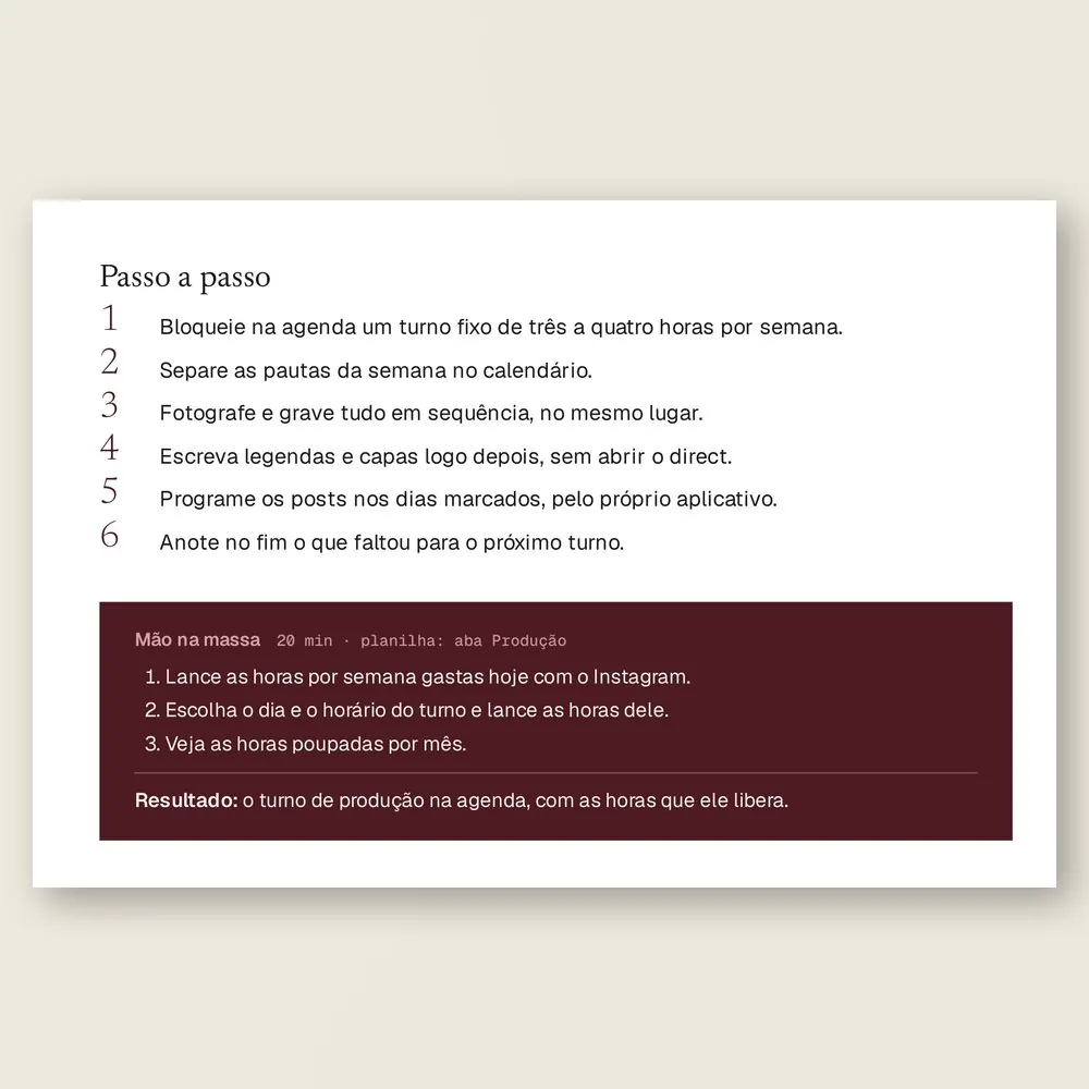 Página da Ferramenta 11, Produção em lote, com o passo a passo para produzir a semana num turno e a caixa Mão na massa.