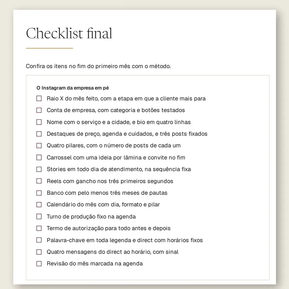 Página do checklist final do manual, com 15 itens para conferir no fim do primeiro mês com o método.