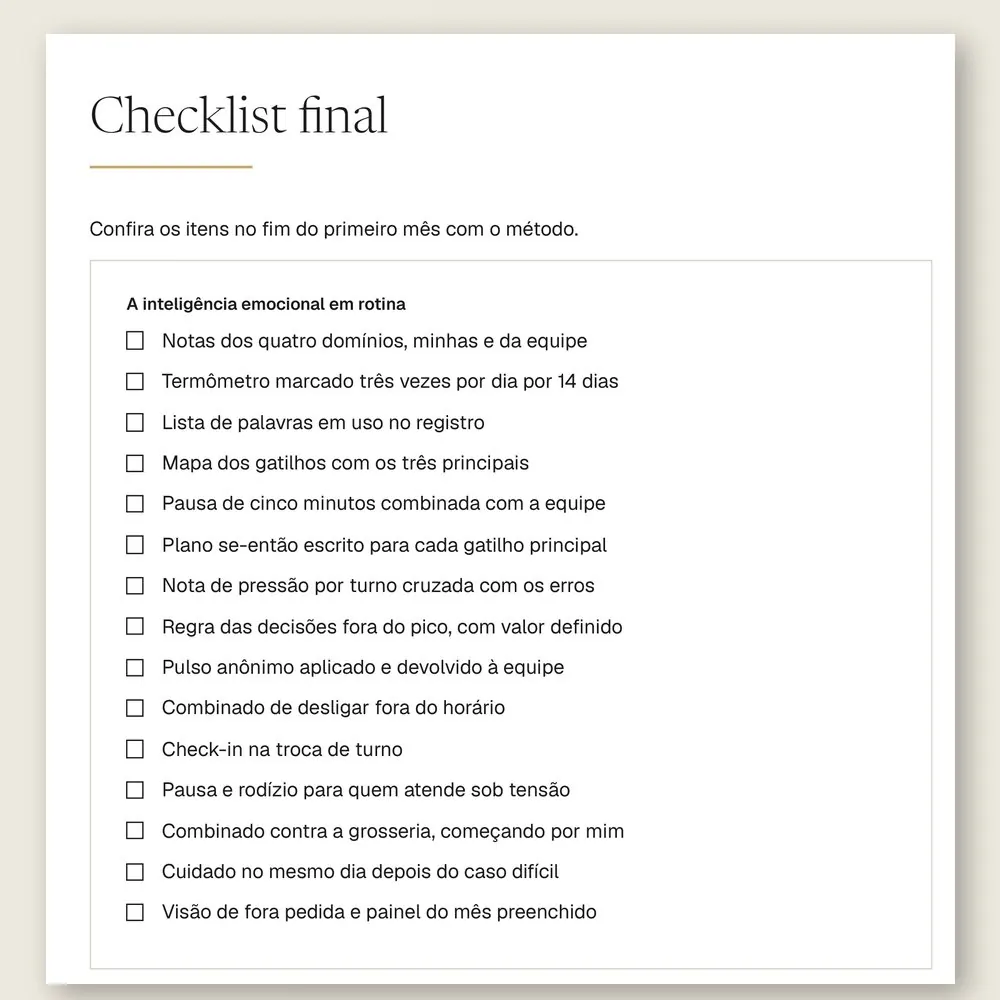 Página do checklist final do manual, com 15 itens para conferir no fim do primeiro mês com o método.