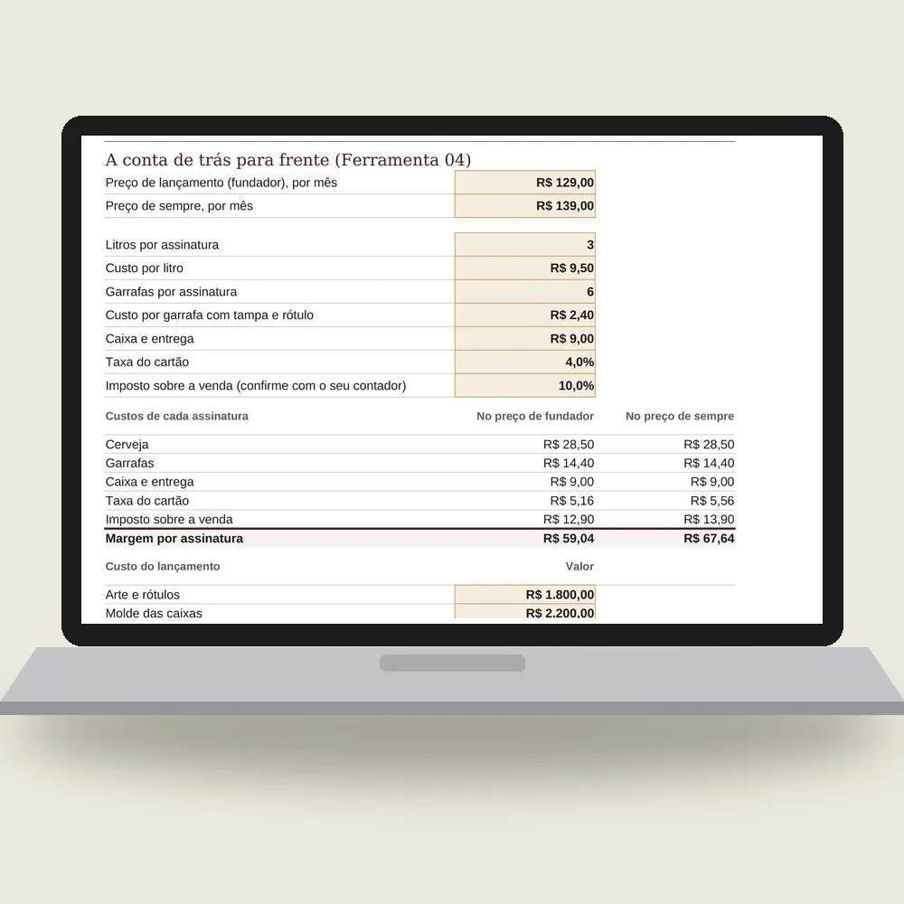 Notebook com a planilha do lançamento aberta: a conta que parte do custo do lançamento e chega à meta mínima de vendas e ao tamanho da lista.