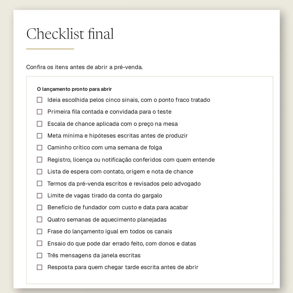 Página do checklist final do manual, com 15 itens para conferir antes de abrir a pré-venda.