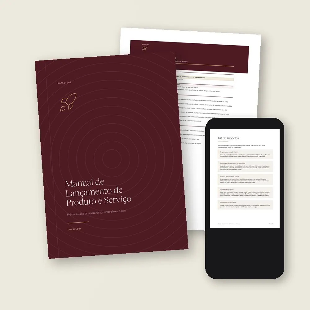 O que vem no Manual de Lançamento de Produto e Serviço: o PDF de 100 páginas, a planilha do lançamento, em Excel e Google Sheets, e o acesso pelo celular, com os 16 modelos prontos do Kit.
