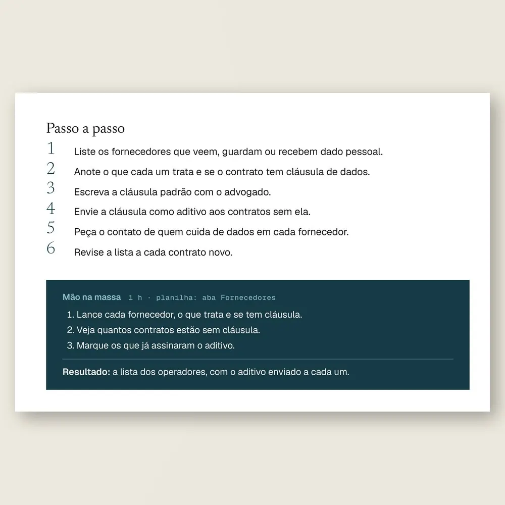 Página da Ferramenta 10, com o passo a passo para listar os fornecedores que tocam nos dados e pôr a cláusula de proteção de dados no contrato.