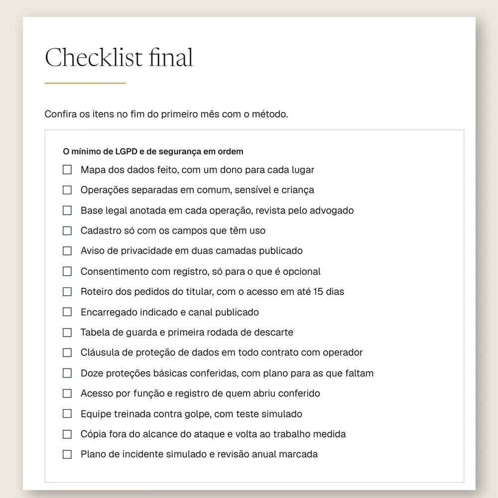 Página do checklist final do manual, com 15 itens para conferir no fim do primeiro mês.