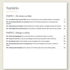 Manual aberto na página do sumário, com a Parte 1, Do técnico ao líder, e a Parte 2, Delegar e cobrar, e as ferramentas numeradas de 01 a 09.