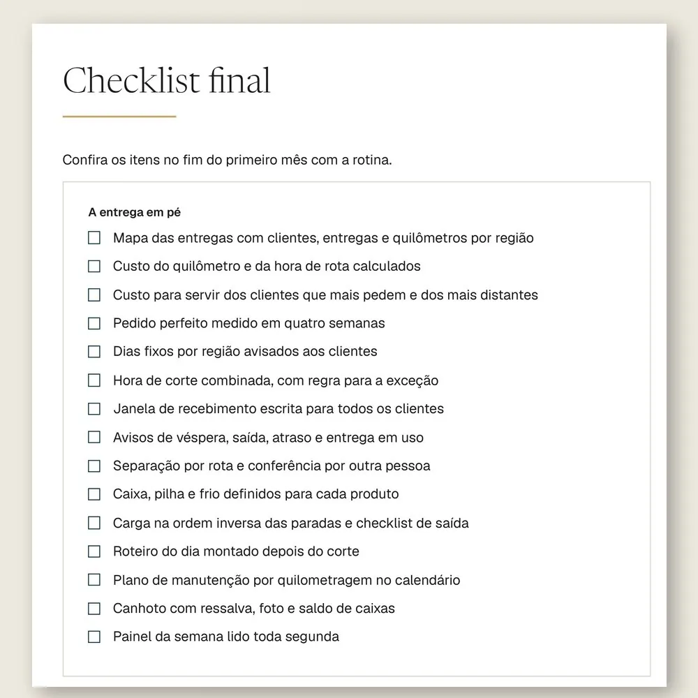 Página do checklist final do manual, com 15 itens para conferir no fim do primeiro mês com a rotina de entregas.