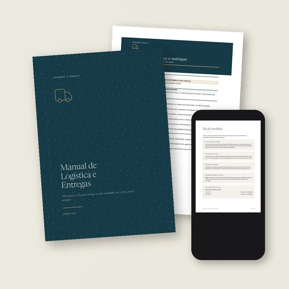 O que vem no Manual de Logística e Entregas: o PDF de 100 páginas, a planilha de logística e entregas, em Excel e Google Sheets, e o acesso pelo celular, com os 15 modelos prontos do Kit.