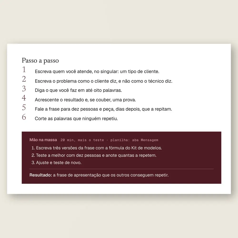 Página da Ferramenta 05, A frase de apresentação, com o passo a passo para escrever e testar a frase com dez pessoas e a caixa Mão na massa.