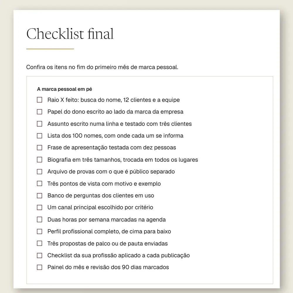 Página do checklist final do manual, com 15 itens para conferir no fim do primeiro mês de marca pessoal.