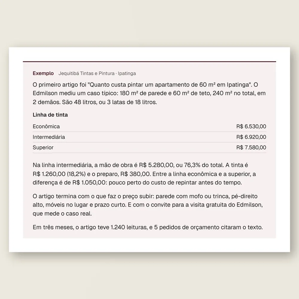 Caixa de exemplo da Jequitibá Tintas e Pintura, de Ipatinga: o artigo de preço com a pintura de um apartamento de 60 m² de R$ 6.530,00 a R$ 7.580,00.