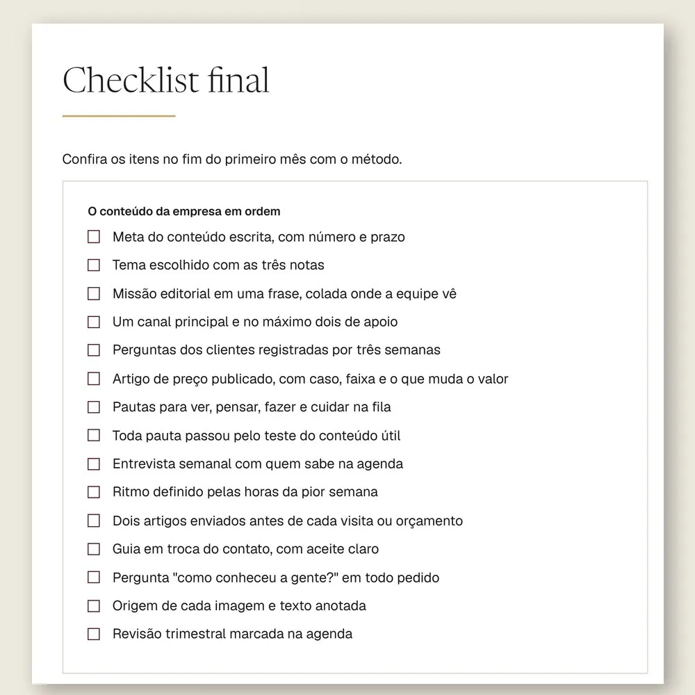 Página do checklist final do manual, com 15 itens para conferir no fim do primeiro mês com o método.