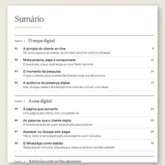 Manual aberto na página do sumário, com a Parte 1, O mapa digital, a Parte 2, A casa digital, e a Parte 3, Anúncios com verba pequena, e as ferramentas numeradas de 01 a 13.