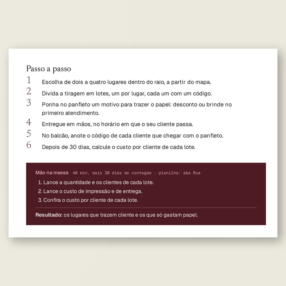 Página da Ferramenta 11, Panfleto medido, com o passo a passo para dividir a tiragem em lotes com código e a caixa Mão na massa.