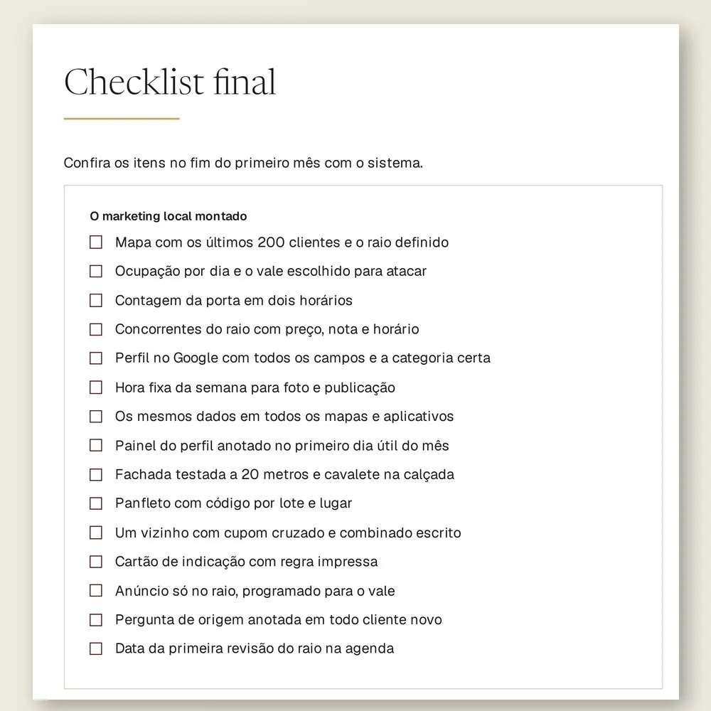 Página do checklist final do manual, com 15 itens para conferir no fim do primeiro mês com o sistema.