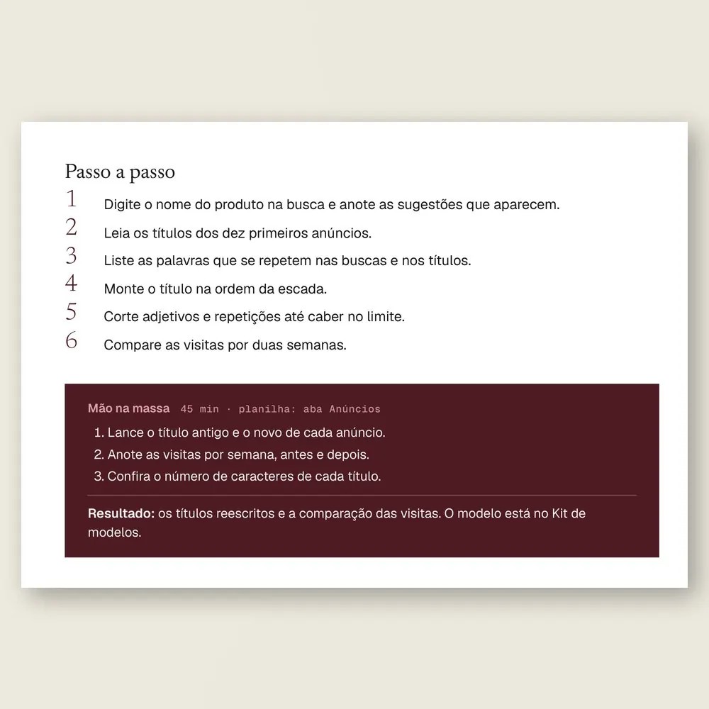 Página da Ferramenta 06, O título que a busca encontra, com o passo a passo para escrever o título com as palavras do comprador.