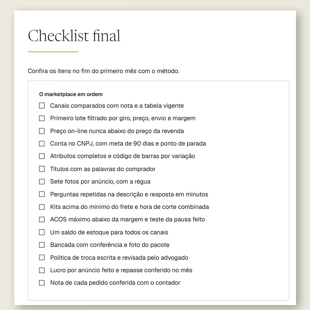 Página do checklist final do manual, com 15 itens para conferir no fim do primeiro mês com o método.