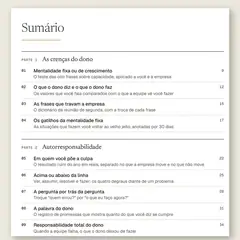 Manual aberto na página do sumário, com a Parte 1, As crenças do dono, e a Parte 2, Autorresponsabilidade.